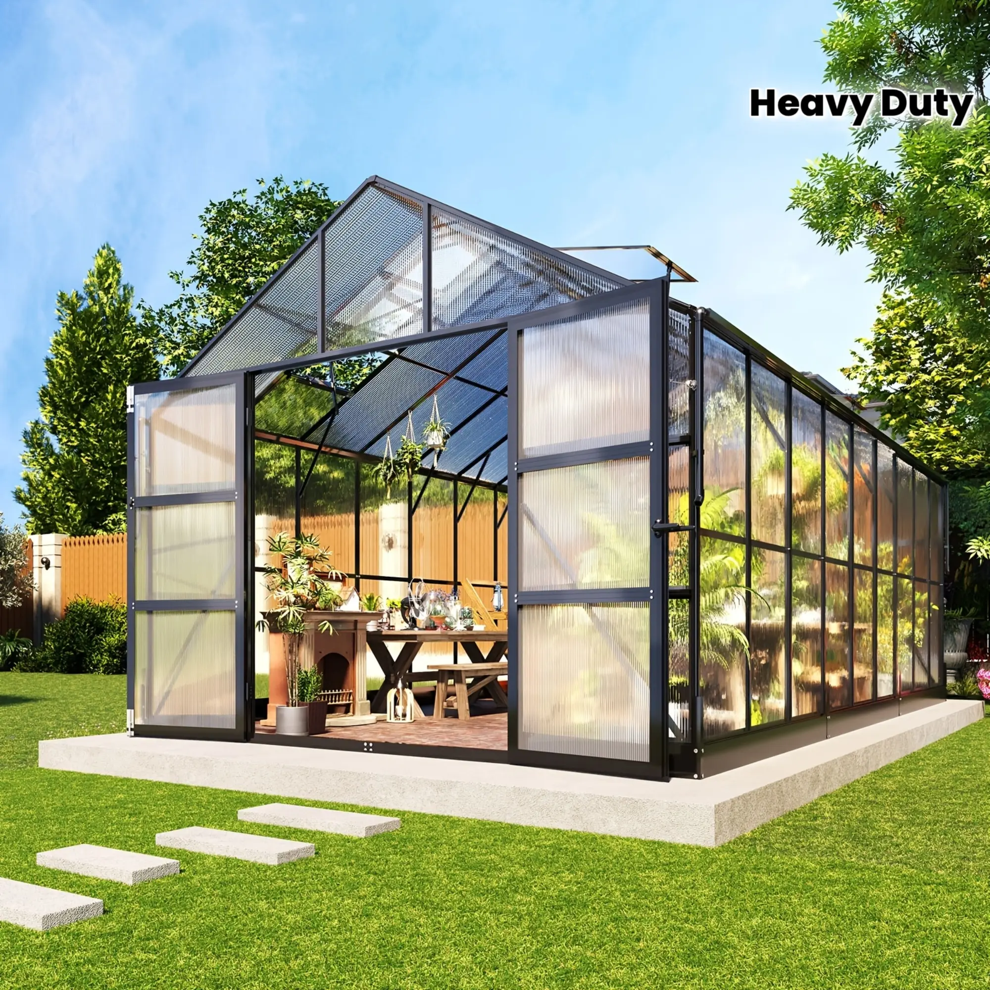 Polycarbonate Greenhouse with 4 Roof Vents & Rain Gutter, Heavy Duty Aluminum Greenhouse for Outdoor Garden Backyard, Black