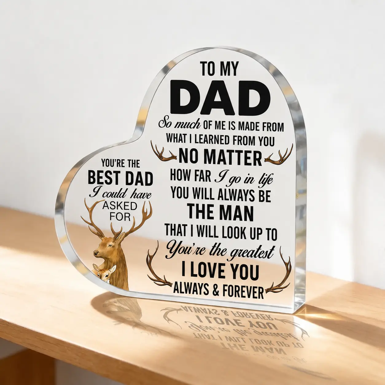 To My Dad Heart Shaped Acrylic Plaque, Sentimental Father’s Day Gift from Daughter or Son, Deer Tabletop Keepsake for Dad