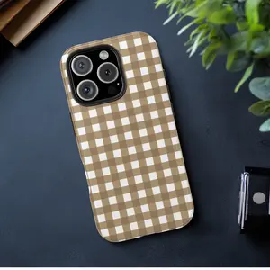 Gold Gingham Phone Case Protective Cover for iPhone with Impact Resistance & Shock Absorption Trendy Neutral Beige Design College Game Day Fan Gift