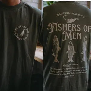 Fishers of Men Tee, Vintage Fishing Graphic Christian Shirt, Outdoorsy Faith Based Tshirt, Retro Angler Jesus Tee, Nature Inspired Religious Apparel, Unisex Tee