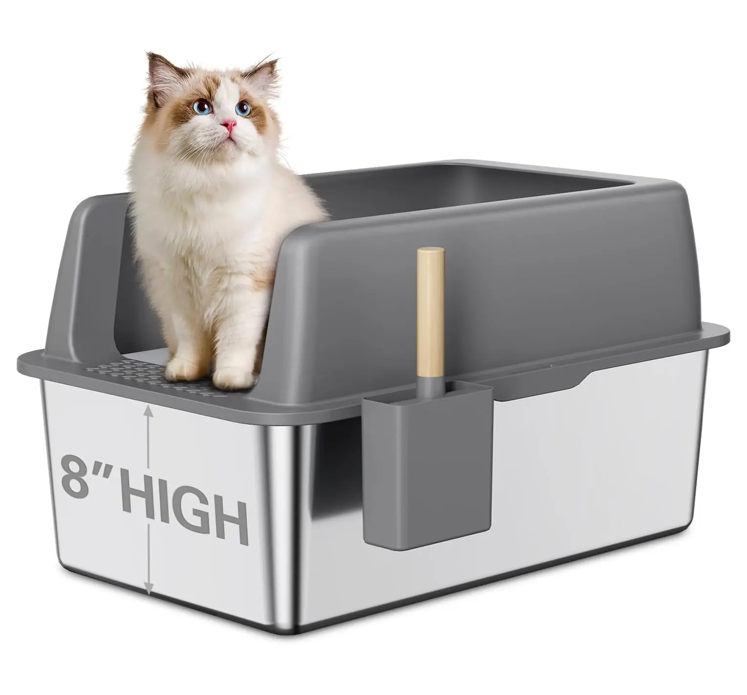 14" Extra Deep High-Sided Stainless Steel Litter Box with Lid A Hood for Big Cats Easy to Clean Non-Stick Leak-Proof Odor Free Cat Toilet Pet Supplies
