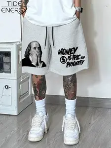 Men's Loose-Fit Franklin Portrait Graphic Print Lightweight Shorts, Drawstring Summer Streetwear Casual Pants, Light Tide Energy Brand