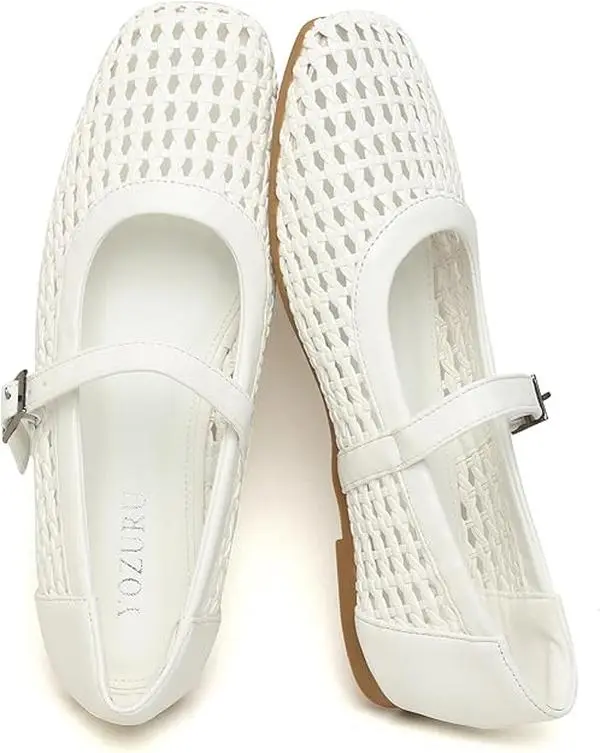 Womens Woven Ballet Flats Mesh Mary Jane Shoes Dressy Squared Toe Comfortable Buckle Strap Casual Leather Flats for Women