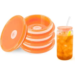 Joyclub 4 Pack Acrylic Lids for 16 oz Glass Cups with Bamboo Lids and Straws Reusable Iced Coffee Cup Beer Can Drinking Glasses for Smoothie Whiskey Boba Soda Tea Gift (Orange)