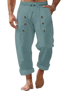 Men's American Style Pants, Fall Casual Tropical Hawaiian Beach Long Pants, Casual Lounge Pant, Multi-Button Cotton Linen, Fitted Plain Design, All Seasons, Casual Fitted Trousers