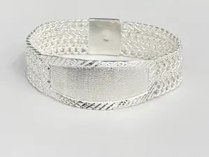 Sterling Silver 4 Row Curb 7-9", Diamond Square Cut Border 21mm wide, Engravable Bracelet, Made in Mexico (Please add name to"Add notes" section)