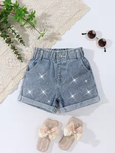 Girls' Fashion Rhinestone Denim Shorts, Fashionable Summer Shorts, New Summer Style, Light Wash Blue, Y2K Casual Streetwear, Loose Fit, Soft Cotton Fabric