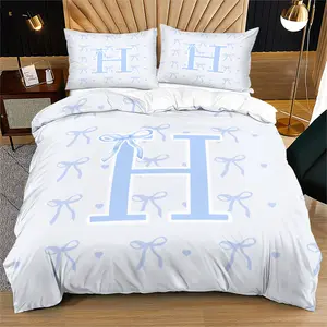 Fresh light blue letter bow print bedding, quilt cover and pillowcase combination, elegant and gentle bedroom decoration, Soft Bedding Sets