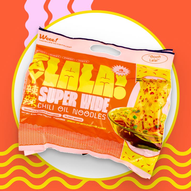 SAYLALA by Weee! Super Wide Chili Oil Noodles | Spicy Ramen Noodles | Instant Ramen - 440g (110g x 4, 4 servings)