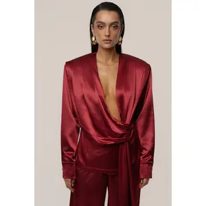 Burgundy Statement Draped Satin Top