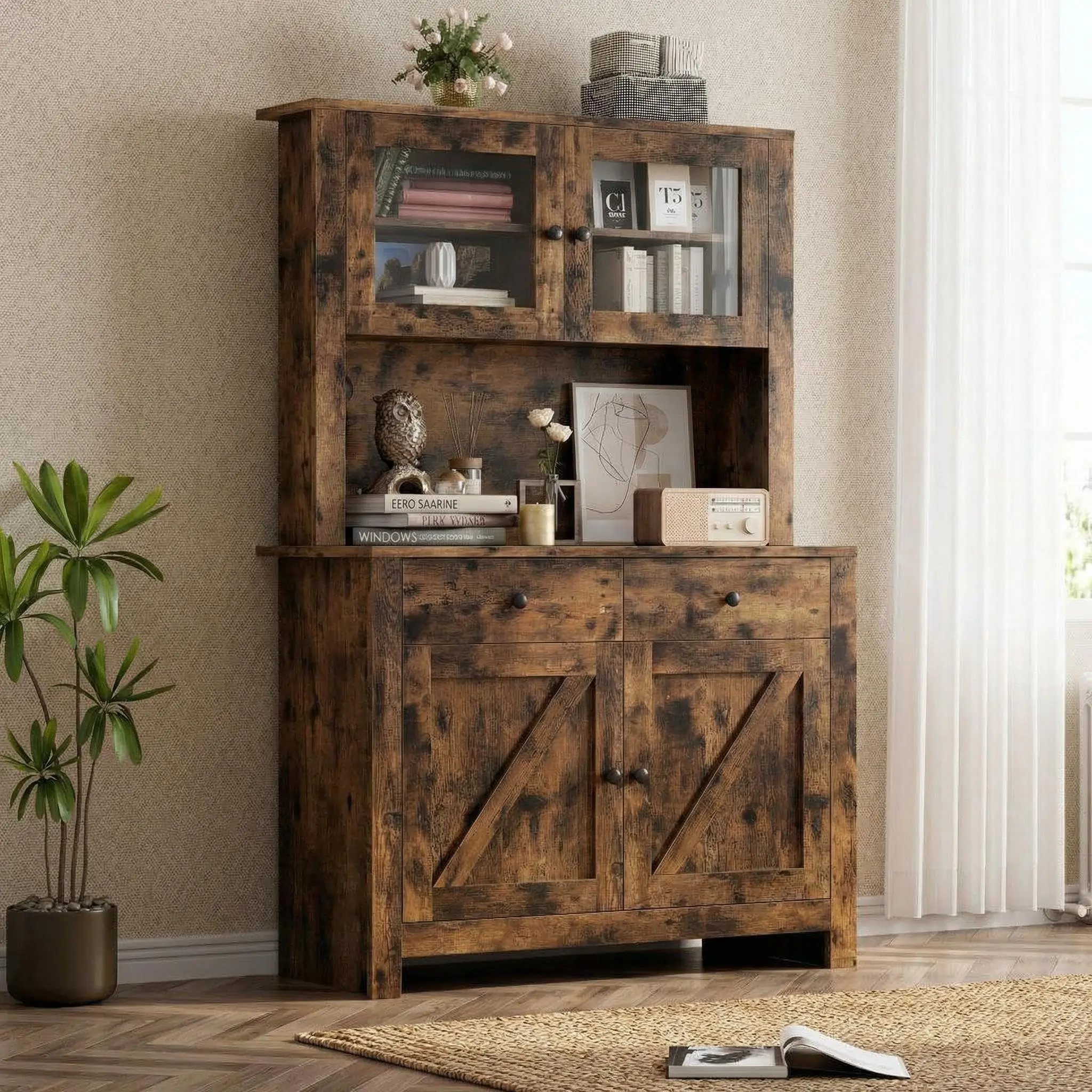 GARVEE 63" Rustic Brown Tall Wooden Farmhouse Pantry Cabinet, Microwave Stand with Sturdy Base, Adjustable Shelves, Drawers, Countertop & Freestanding Hutch for Dining/Living Room Storage