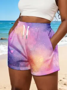 Galaxy Print Shorts, Purple, Pink, And Orange, with Shiny Heart And Star Patterns, Suitable for Beach And Casual Wear, Size