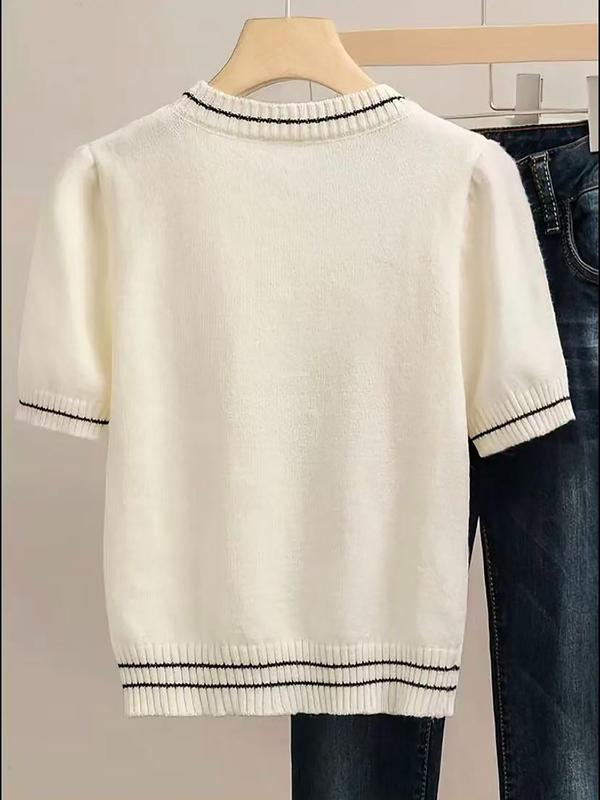 Heart Beaded Knit Sweater Short Sleeve Women Spring Summer New Unique Design Short Knitted Top Elegant Butterfly Knot Valentine's Day