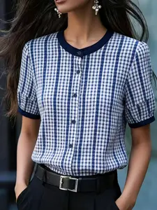 Elegant Women's Plaid Round Neck Short Sleeve Shirt, Formal Casual Wear, Suitable for Spring Summer Seasons, Stylish Ladies' Top