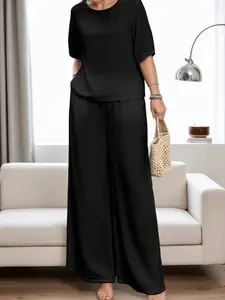 ZANZEA Women's 2-Piece Casual Aesthetic Set, Round Neck Short-Sleeve Solid Hoodie Top & Loose Straight-Leg Pants, Comfortable Stylish Womenswear