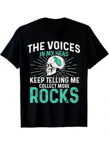 Men'S Graphic T-Shirt - "The Voices in My Head" Rock Collector Design with Skull and Geology Humor |   Breathable Casual Streetwear Tee, Comfortable Fit, Short Sleeve, Crew Neck, All-season, Perfect for Geological Enthusiasts and Humor Lovers