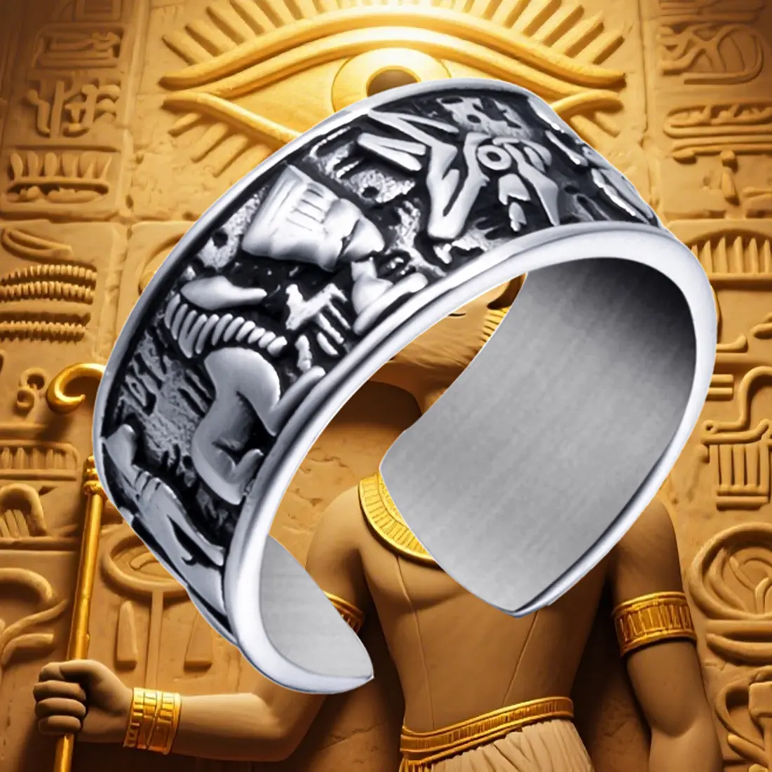 Men's Vintage Ancient Egyptian Design Stainless Steel Ring - Casual Finger Jewelry with Eye of Horus, Ankh Cross, Anubis, Hieroglyphics Symbols, Christmas Men's Accessories