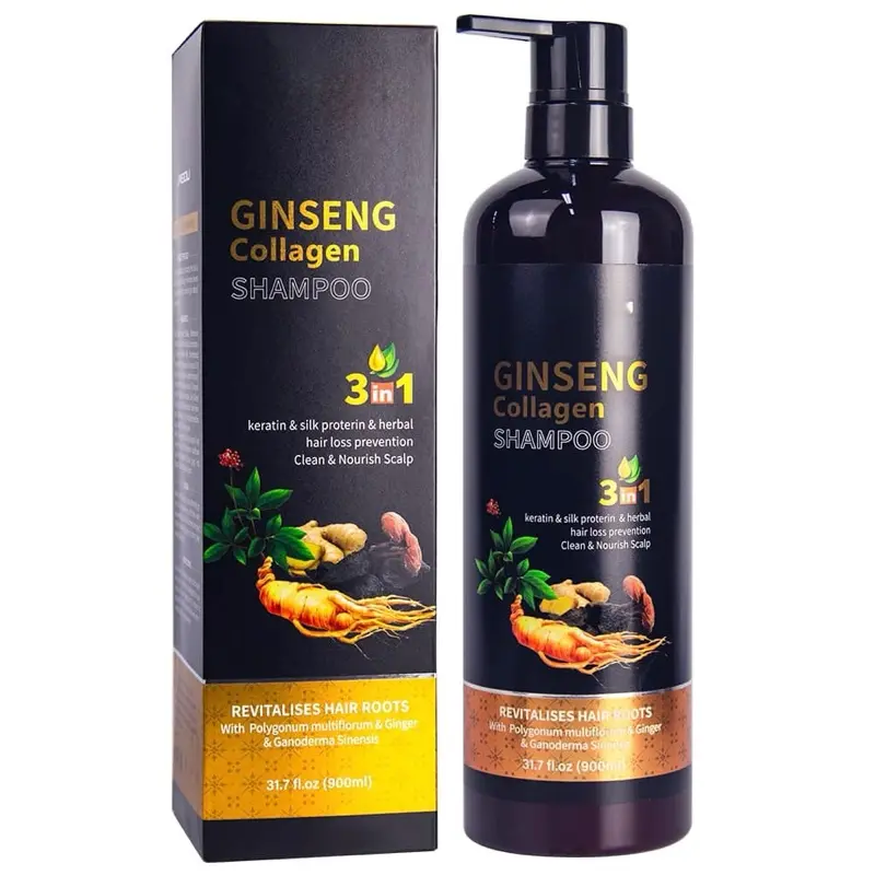 900ML Collagen Ginseng Hair shampoo Keratin Silk proterin and herbal hair shampoo , Nourishes and shines hair , hair loss prevention oil , volumizing and thickening hair shampoo