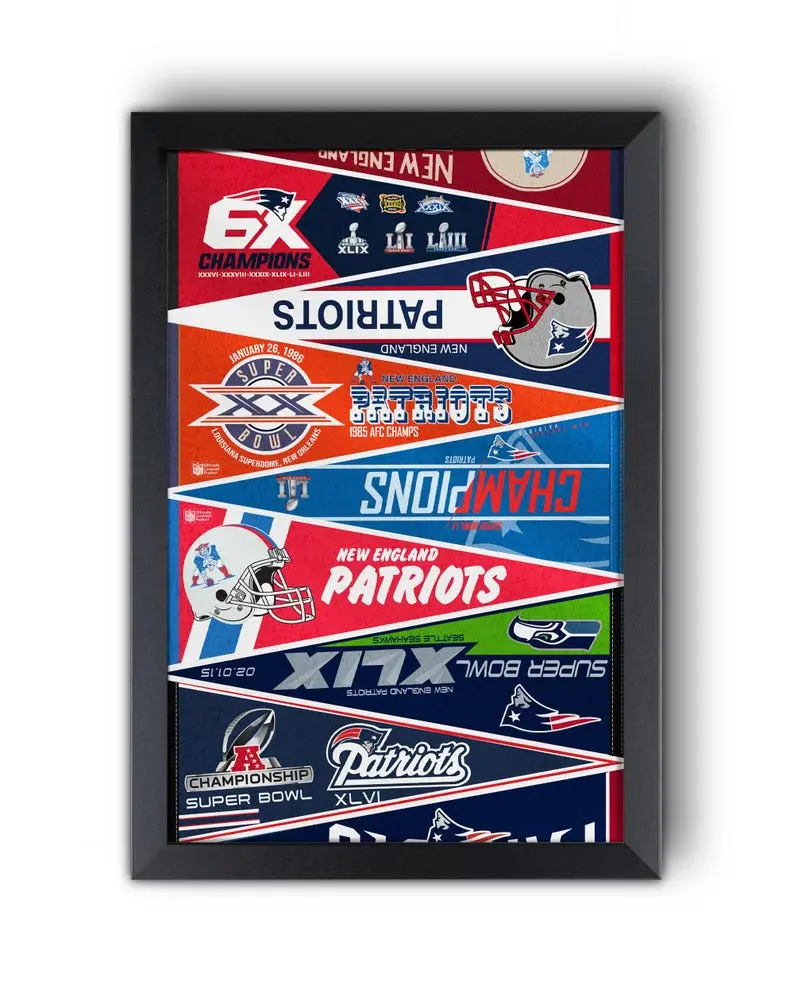 [Unframed] New England Patriots The Football Dynasty Vintage to Modern Pennants Collection Print – Classic Football Wall Art
