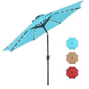10 ft Patio Pool Umbrella with 32 LED Solar Lights UV-Resistant Outdoor Table Umbrella with Tilt and Crank for Backyard Deck Garden and Beach Cover