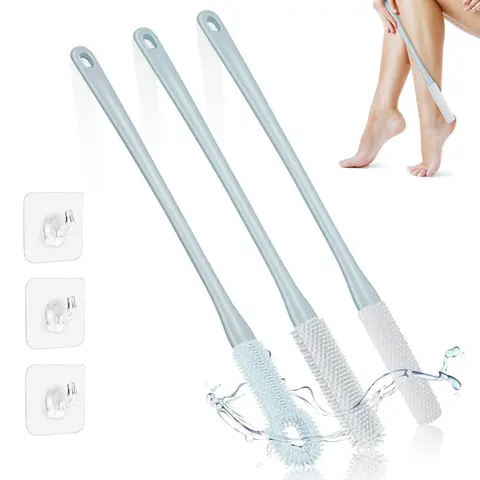3/2 Pack 15.7" Long Handle Foot Scrub Brush With 3/2 Hooks - Soft Silicone Toe Cleaner, Exfoliating Foot Massage Bath Brush, Back Scrubbing Brush, Manual Operation for Bathroom, Foot Spa, Shower Accessory Cleaning Gift Set Personal