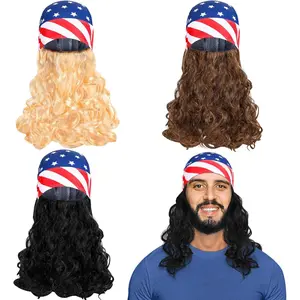 3 count Mullet Wig Skull Cap for Men 4th of July Headscarf Patriotic  Headscarf Independence Day Wigs