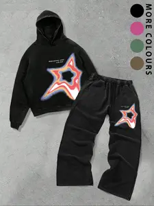 Men's Letter Star Geometric Print Long Sleeve Hoodie Set with Drawstring Waist Pants, Casual Fitted Design for All Seasons, Multiple Colors Available, Fall outfit, Menswear, Sweat
