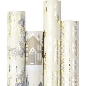 Elegant Christmas Wrapping Paper Set,  Roll,   Foil Snowflake, Wreath, Winter Village, Bow Design  Wrap for Winter Wedding, Holiday, 4 Rolls, 30 inches x 10  per Roll