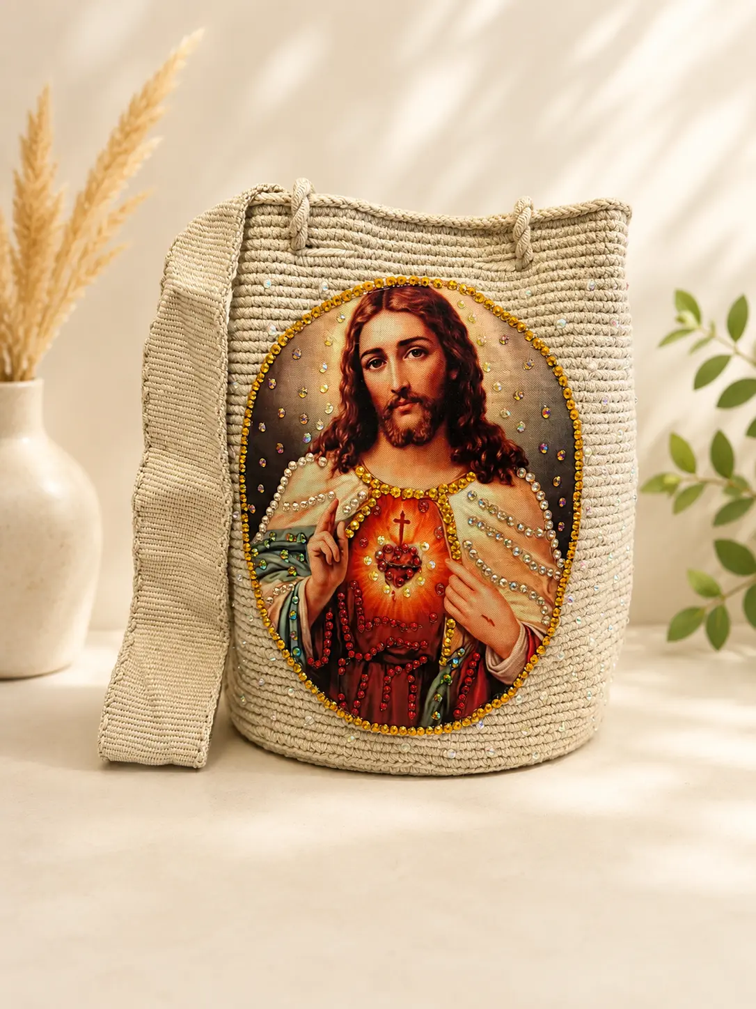 Handmade Jesus Christ Bag Decorated with Crystals Exclusive Zafira Complements Design medium
