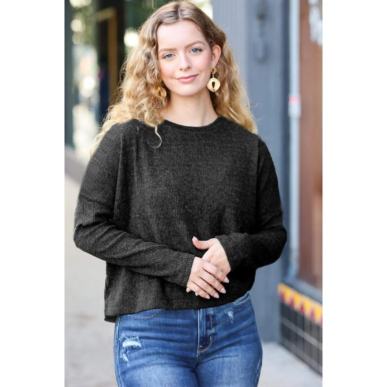 Stay Awhile Black Ribbed Dolman Cropped Sweater