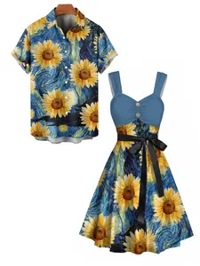 Van Gogh Sunflower Print Women's Sweetheart Neck Mock Button Dress and Men's Button Up Shirt Resort Hawaii Outfit Summer Outfits
