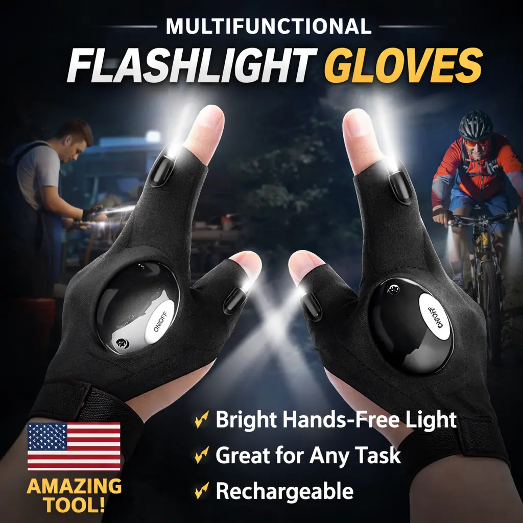 LED Flashlight Gloves - 1 Pair Black, Tools and Gadgets for Him, Stocking Stuffers Gifts for Men, Cool Finger Lights for Fishing, Repairing, Sports & Outdoor Accessories