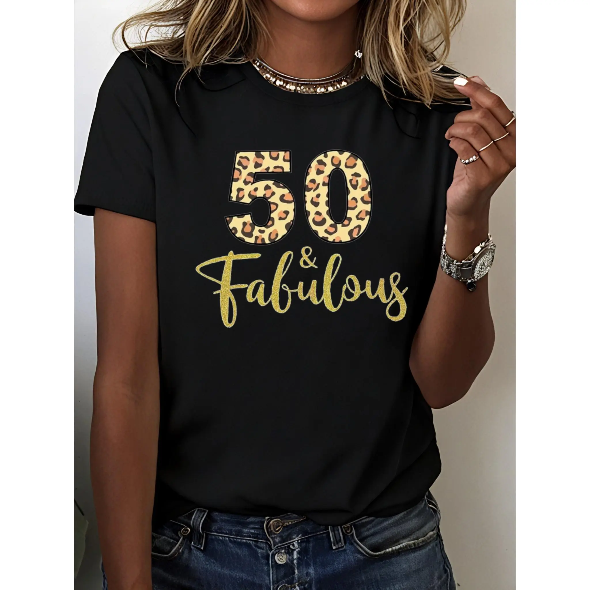 Women's 100% Cotton Round Neck Short Sleeve Casual Custom T-Shirt - "50&Fabulous" 50th Birthday Theme Top for Party, All Seasons, Pure Cotton T-Shirts