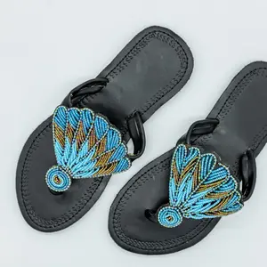 Handmade Blue Maasai Beaded Sandals – African Leather Vacation Flats