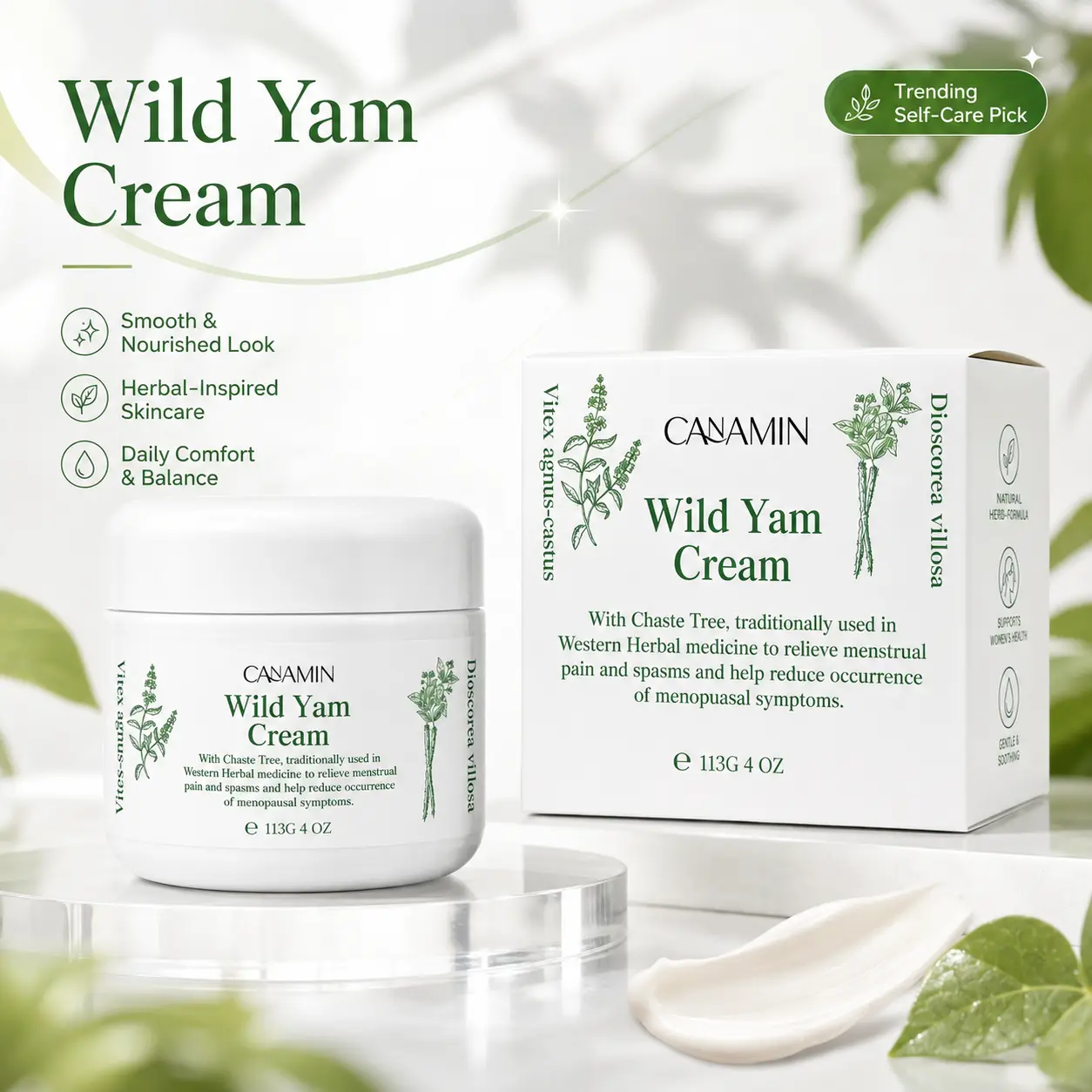 CANAMIN Wild Yam Facial Moisture Cream 4 oz (113g) - Botanical Moisturizer with Chaste Tree, Lightweight Daily Nourisher for Women’s Herbal-Inspired Self Care, Soft Smooth Skin