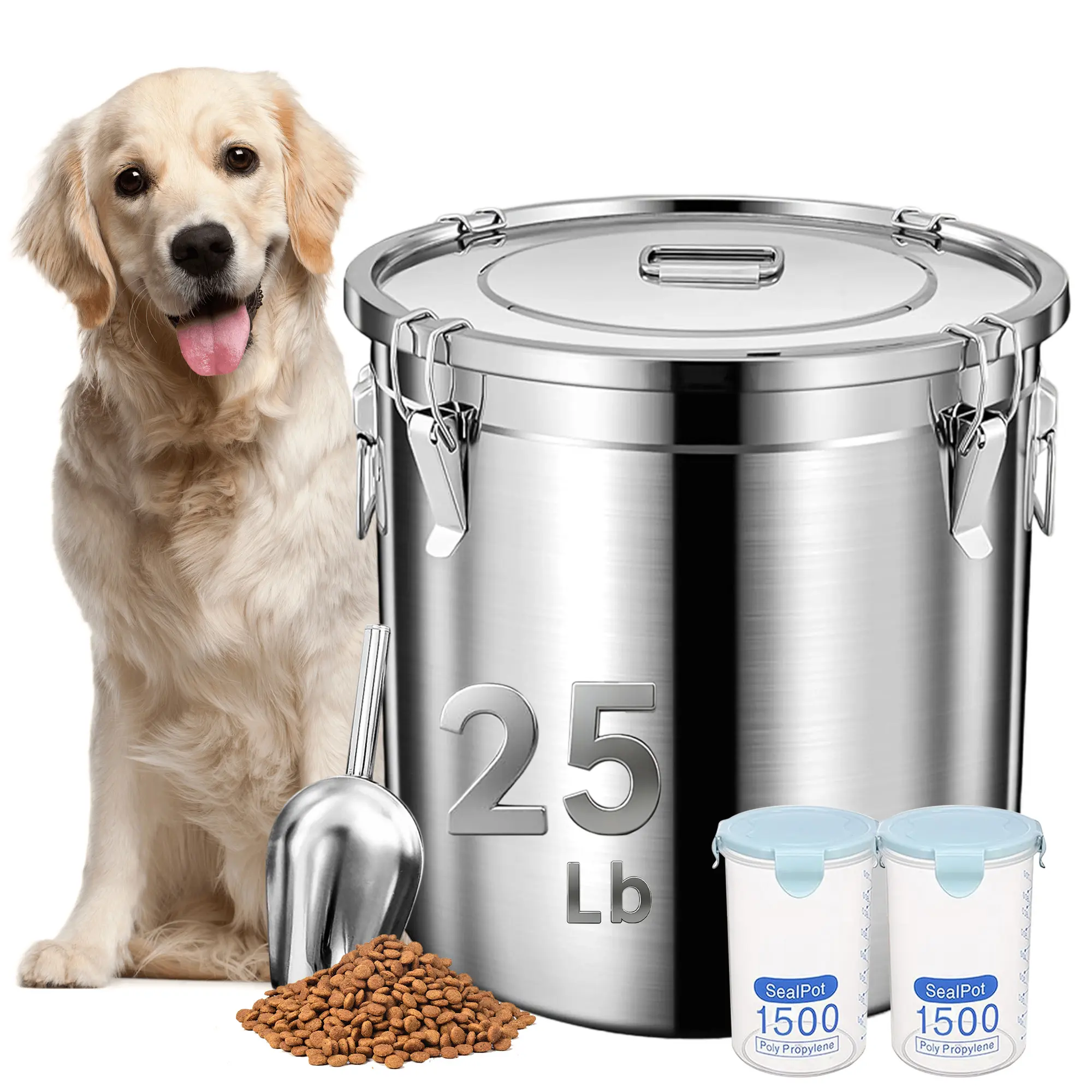 Stainless Steel Airtight Pet Food Storage Container, 25LB Large Capacity Dog Cat Food Bin with Locking Lid, Moisture Proof Dry Food Keeper