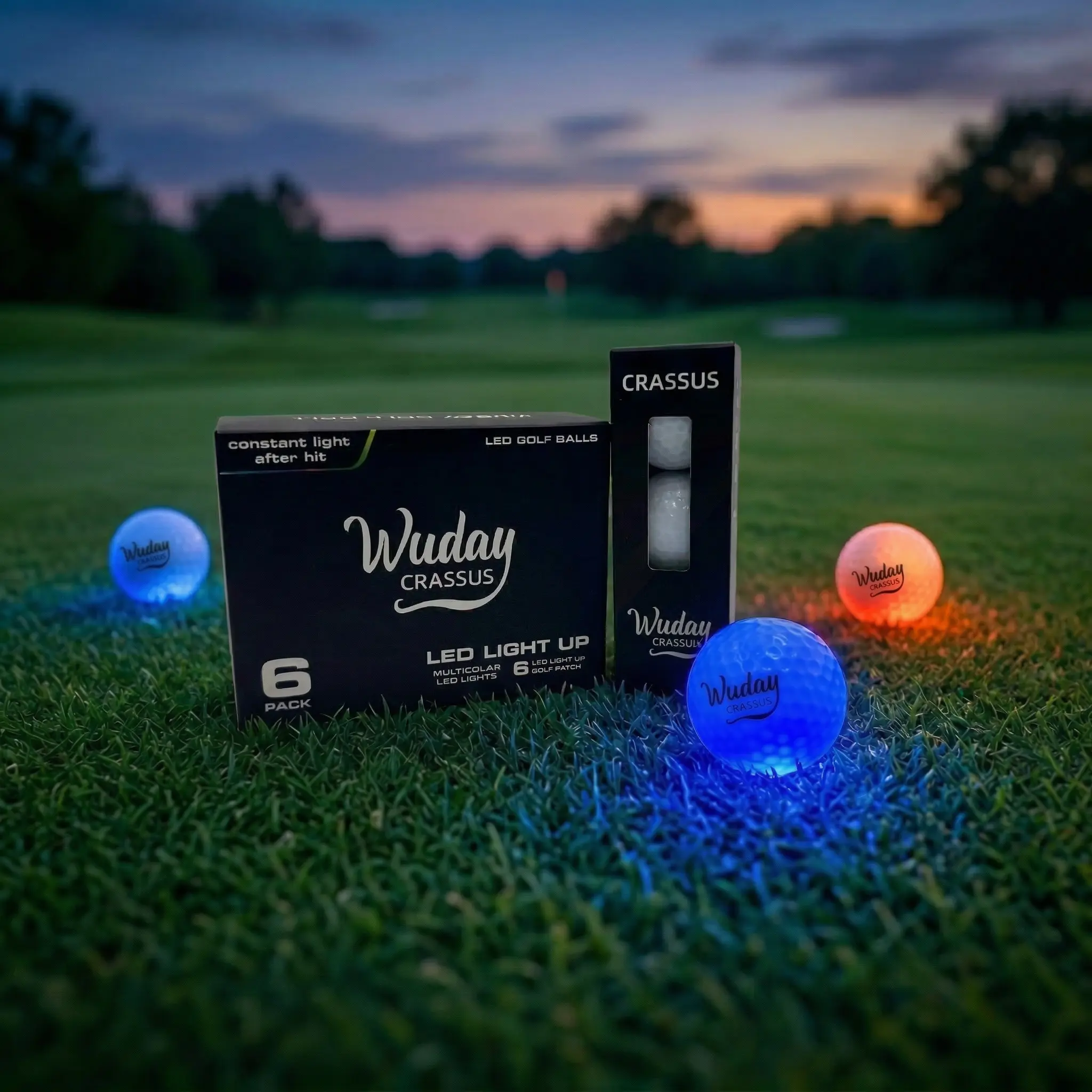 WUDAY LED 6-Pack Colorful Light-Up Balls, 8-Minute Constant Glow Shock-Resistant Resin Night Golf Practice Equipment, High-Performance Led Core, Golf Practice Tool, Supplemental Golf Accessories