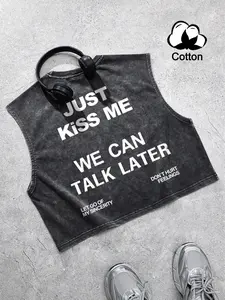 Men's youthful street style cotton cropped vest, wide-shouldered casual vest; distressed wash fabric, bold and unique slogan print, distinctive American retro street style, versatile for everyday wear, casual and fashionable; suitable as a holiday gift.