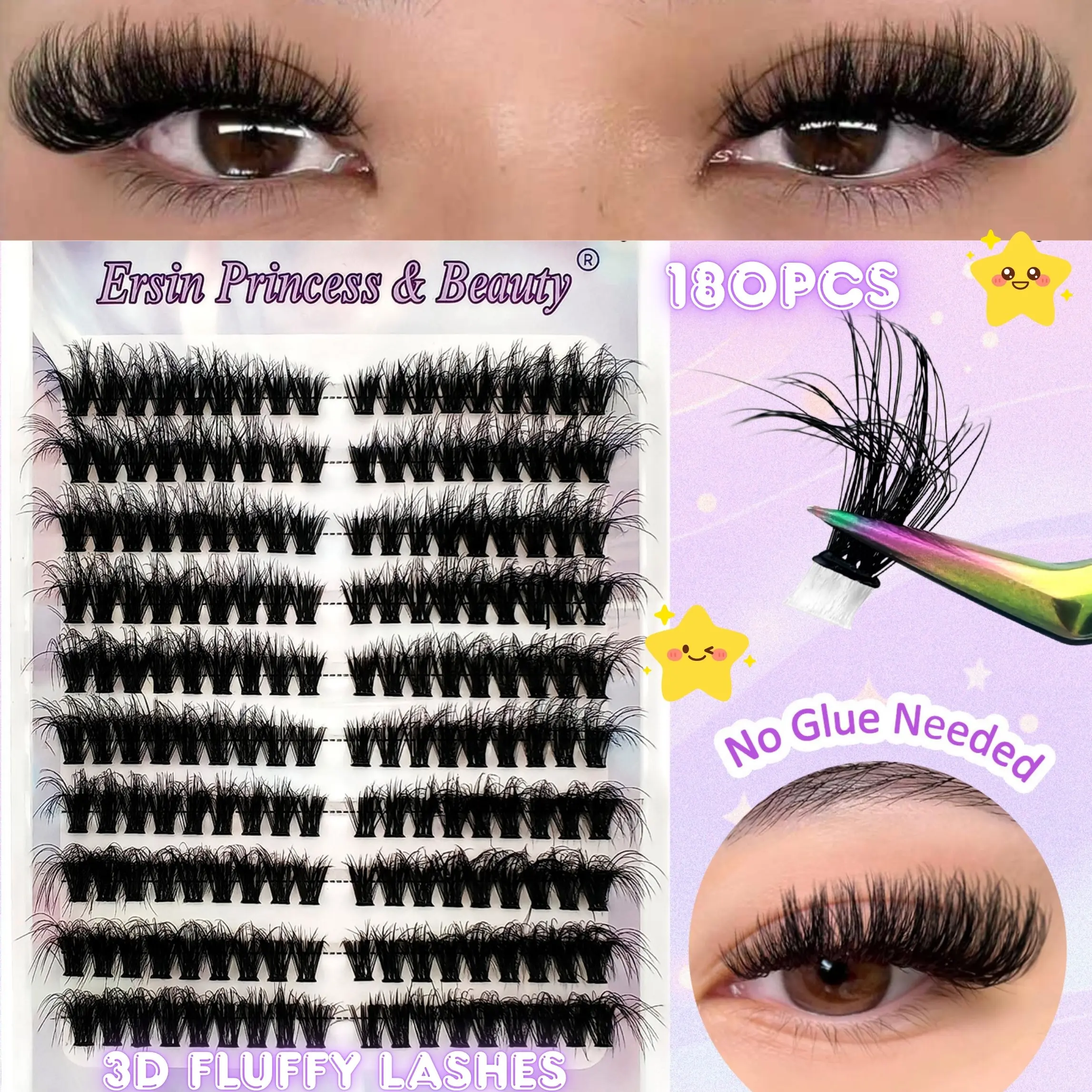 180 Pcs Self-Adhesive False Eyelashes, Cosmetic False Lashes, Makeup, Mixed Lengths 8-16mm, Voluminous, Fluffy Lashes, Lightweight & Natural Look, Travel-Friendly, No Glue Needed, Comfortable Fit