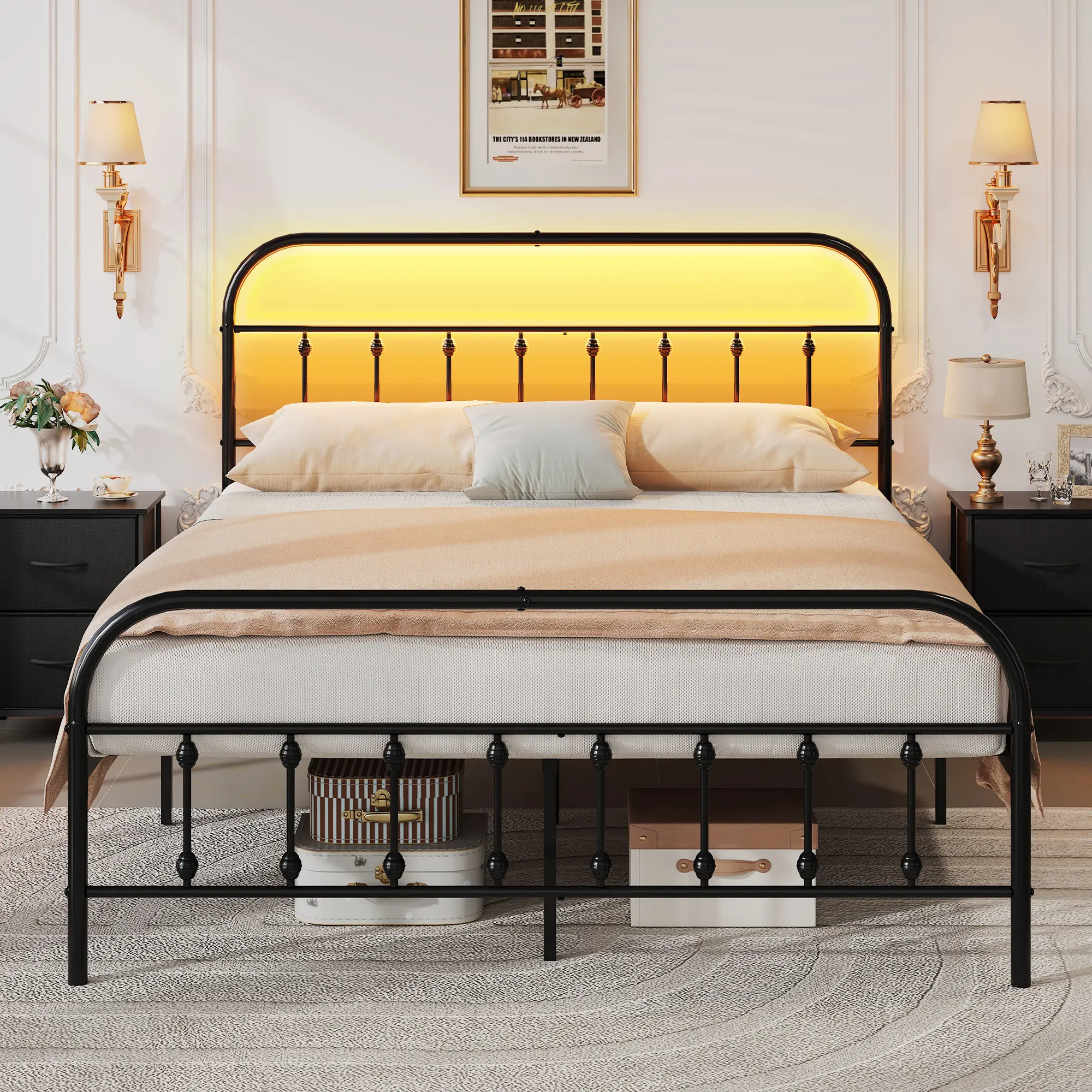WLIVE Metal Platform Bed Frame, Queen Bed Frame with Headboard, Bed Frames with LED Lights and Charging Station, 1500LBS Mattress Foundation, Under Bed Storage, No Box Spring Needed