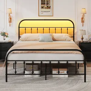 WLIVE Metal Platform Bed Frame, Queen Bed Frame with Headboard, Bed Frames with LED Lights and Charging Station, 1500LBS Mattress Foundation, Under Bed Storage, No Box Spring Needed
