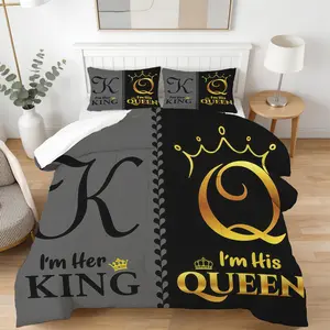 King and Queen Couple Comforter Set, Includes 1 Comforter + 1/2 Pillowcases, Printed "I'm Her King / I'm His Queen" Pattern, Cozy Quilt Bedding for Couples, Ideal for Bedroom Decor & Anniversary Gift