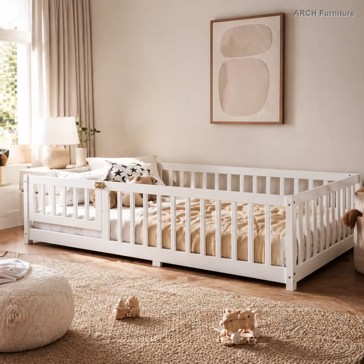 Toddler Twin Size Low-Profile White Pine Wood Floorbed - Superior Quality Crafted Baby Furniture, Kid-Friendly Design with Safety Rails, Removable Slats, Switched Design for the Door, 77.5x40.7in Bed for Developing Independence (Old SKU: W1580P154619), To