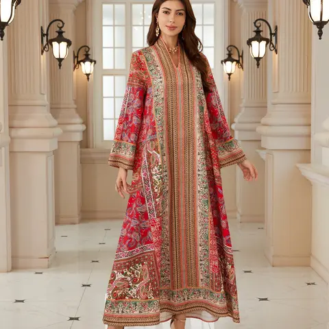Bohemian Print Beaded Kaftan Dress, Boho Kaftan, Caftans, Long Evening Gown Abaya Style Jalabiya, New Middle Eastern Women Fashion, Elegant Party Wear