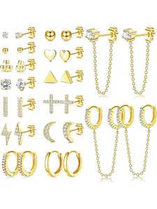 15Pairs 14K Gold Plated Studs Earrings and Huggie Hoop Earrings Set for Women Hypoallergenic Small Dainty Minimalist Chain Earrings Dangle Earrings CZ Ball Cross Stud Earrings Sets for Multiple Piercing