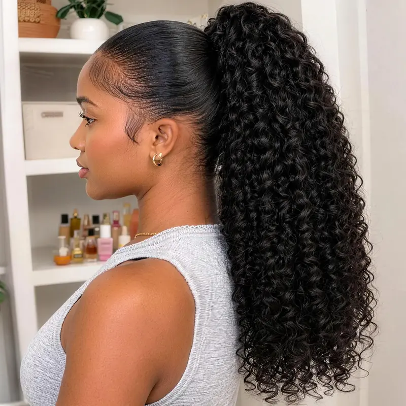 [250% 18''=105.23$] Arabella Ponytail 100% Virgin Human Hair 250% Density Afro Kinky/Burmese Curly/Yaki Straight with Finger Curls Glueless Ponytail for Beginners Put On Go
