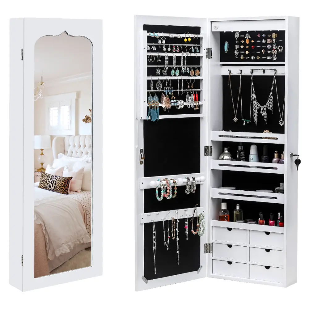 FCH Wall Hanging Jewelry Mirror Cabinet with 8 LED Lights - 4 Layer Shelves and 6 Drawers