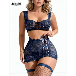 Jelsubi 5 Piece Lace Up Babydoll Lingerie Skirts Sets Sheer Bra and Panty Sets with Fishnet Stockings,floral lace mesh lingerie,bustier lingerie,Valentine's ,Lace Lingerie Set ,sneaky lingerie night wins