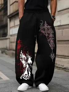 Gothic Angel & Cross Red Graphic Baggy Sweatpants - Men's Black Wide Leg Streetwear Trousers