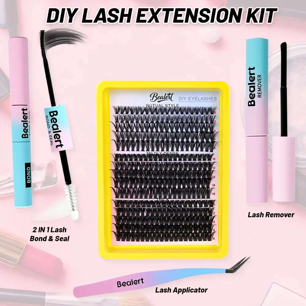 BEALERT DIY Cluster Lash Extensions Kit, Dramatic Thick Volume D Curl Lashes, 60D-100D Mix, 10-18mm Lengths with Bond and Seal for Cosmetic Makeup, Eyelash Extensions